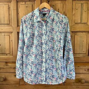 Women's Talbots Small Floral Printed Blouse Button Front Top‎ Blue Pink White